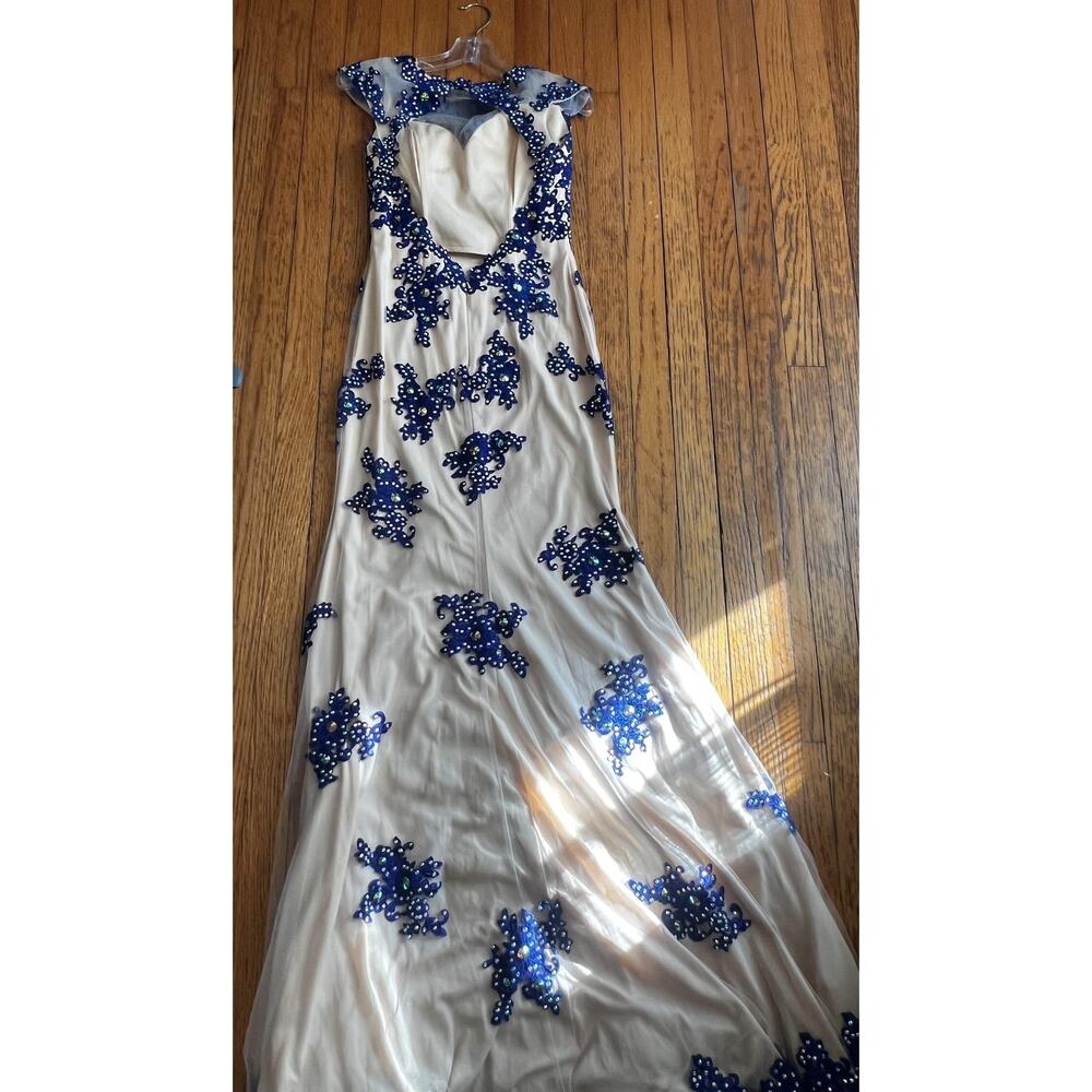 Angela & Alison Dress Womens 4 Blue Beaded Mesh Gown Open Back Formal - Picture 6 of 6